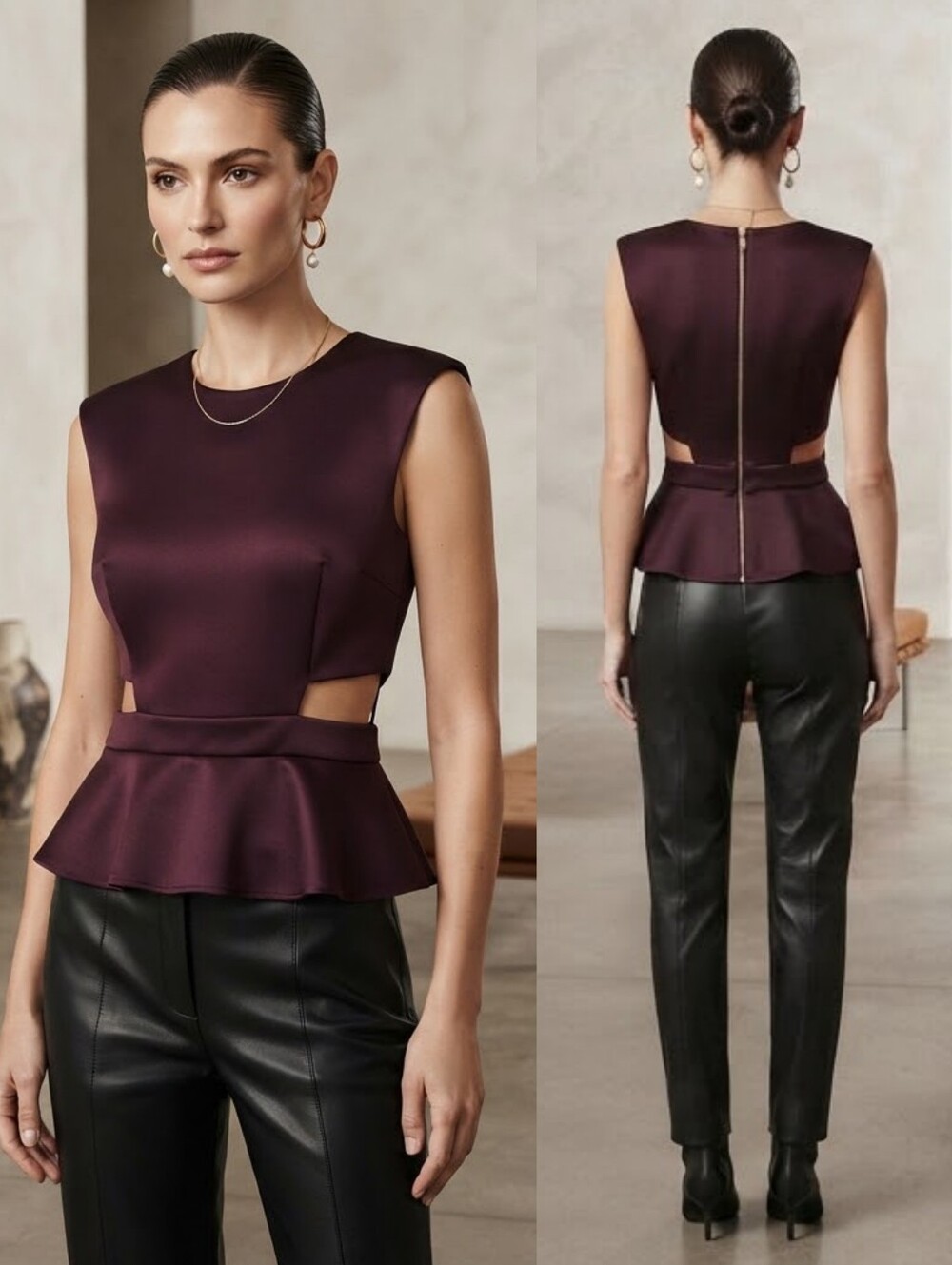 Marciano XS Deep Plum Structured Cut Out Peplum Top Dark Romantic Feminine Edgy